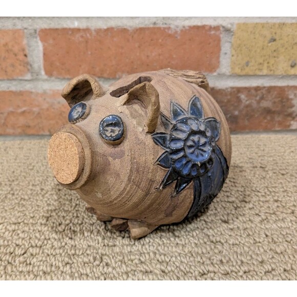 Vintage 1970s Rustic Stoneware Piggy Bank w/ Cork Nose Pottery Pig 5'' - Picture 2 of 10